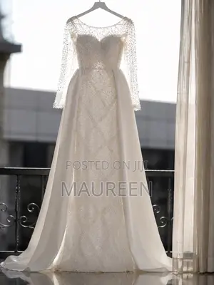 Elegant White Beaded Bridal Gown with Veil & Satin Skirt