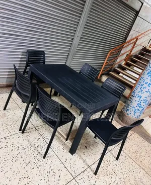 1 Black Plastic Table + 6 Black Slatted Armless Chairs