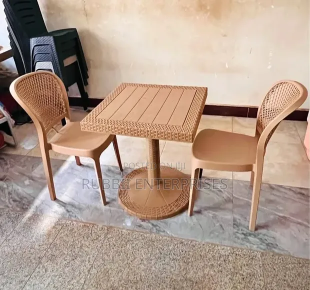 Brown Square Dining Set with 2 Rattan Chairs - 1