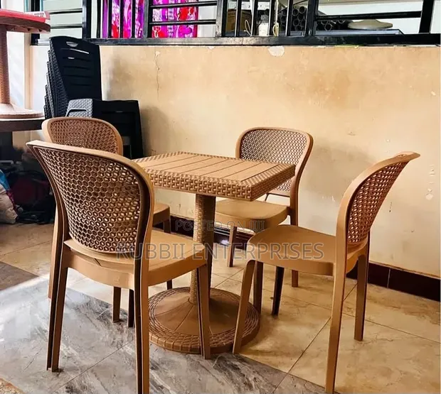 Brown Square Dining Table with 4 Rattan Chairs - 1