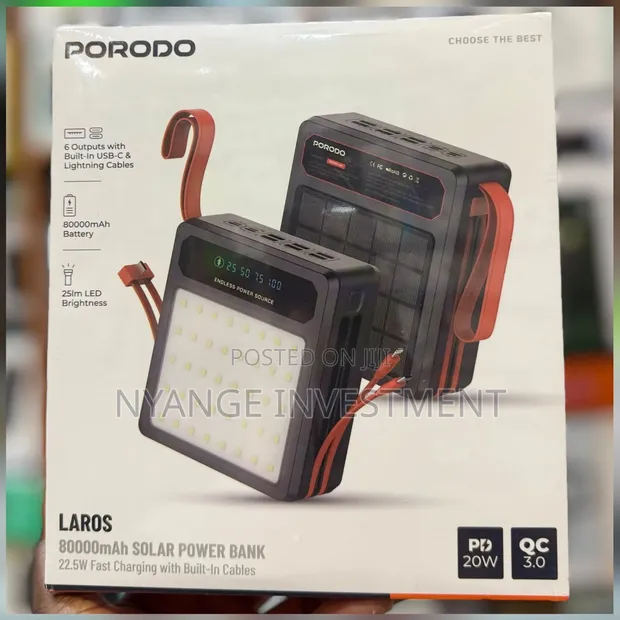 Porodo Laros Solar Power Bank 22.5W Fast Charging, Built-in Cables - 1