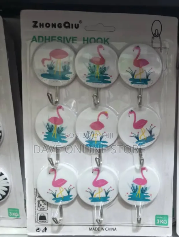 Pack of Nine Zhongqiu Adhesive Wall Hooks - Pink Flamingo - 1