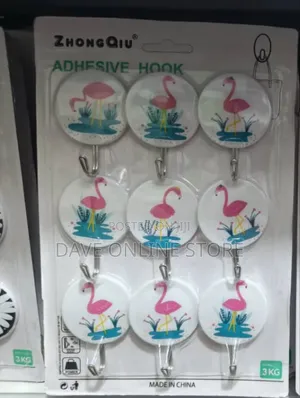 Pack of Nine Zhongqiu Adhesive Wall Hooks - Pink Flamingo