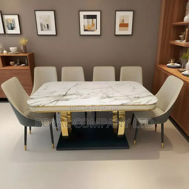Modern Rectangular Marble-Top Dining Table Set - 1