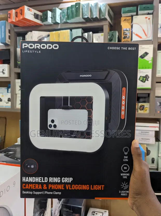 Porodo Handheld Ring Grip Vlogging Light with Tripod & Shutter - 1