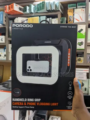 Porodo Handheld Ring Grip Vlogging Light with Tripod & Shutter