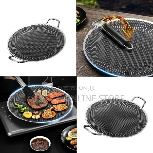 Stainless Steel Round BBQ Grill Frying Pan with Handle - 1