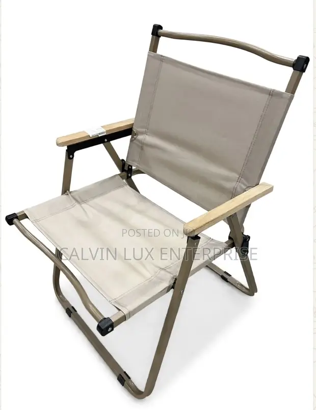 Foldable Camping Chair - Beige with Wooden Armrest - 1