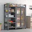Movable Storage Cabinet with Striped Glass Doors - 1