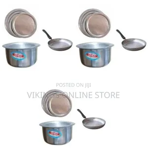 Set of Silver-Colored Aluminum Saucepans with Lids & Frying Pan