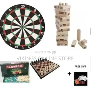 4 Board Games Bundle: Dart, Scrabble, Chess, Jenga