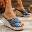 Denim Wedge Slippers with Cross Belt Buckle - 2