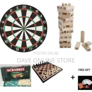 4 Board Games Bundle: Dart, Scrabble, Chess, Jenga