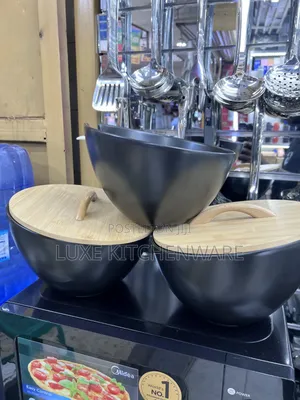 Black Ceramic Serving Dishes with Wooden Lids & Spoons