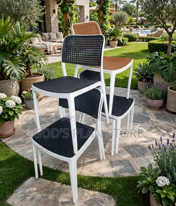 Rattan White Frame Plastic Chairs (Set of 4) - 1