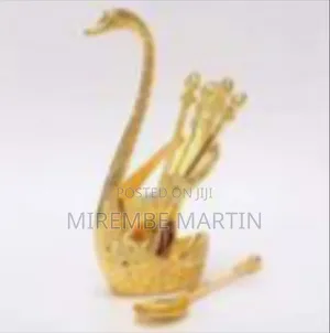 Elegant Golden Swan Cutlery Holder with Fruit Forks/Spoons