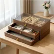 3-Layer Wooden Jewelry Box with Transparent Window - 3