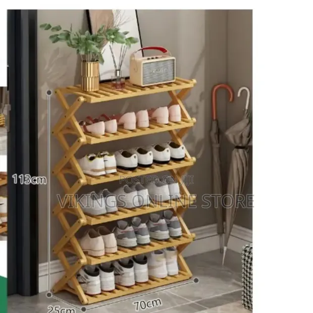 6-Layer Collapsible Bamboo Shoe Rack (70cm x 25cm) - 1