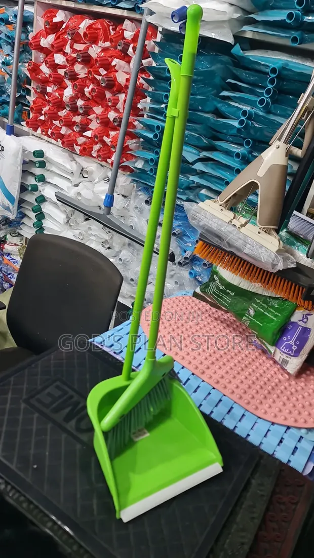 Green Plastic Dust Pan with Broom - 1