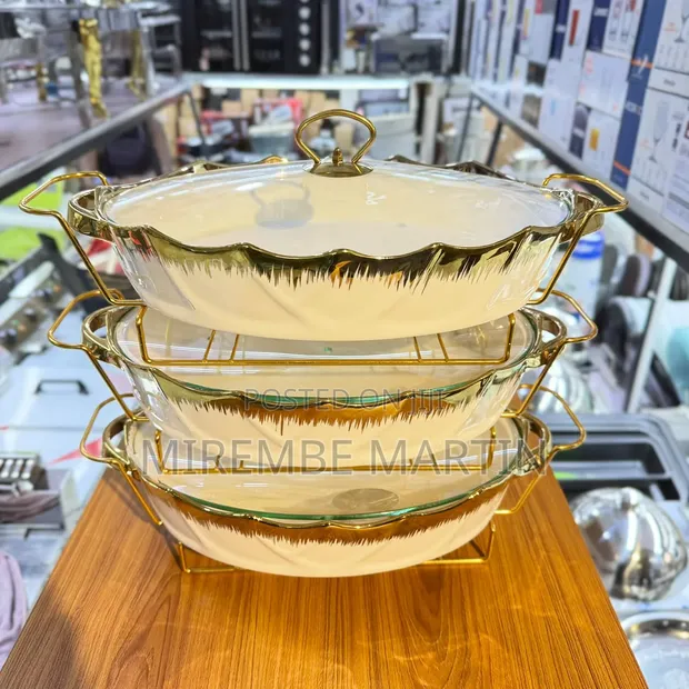 Gold Serving Dishes with Glass Covers - 1