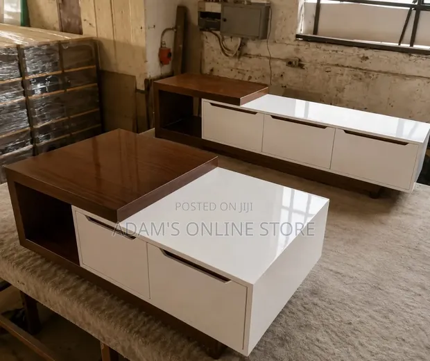 Brown TV Stand Unit & White Center Table - 1