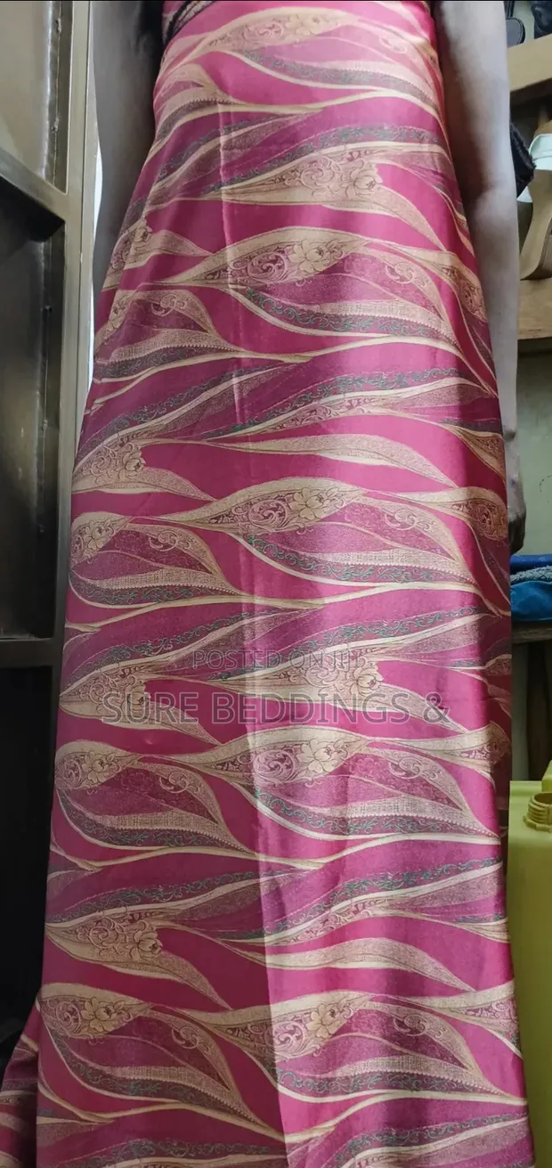 Magenta & Gold Silk Fabric with Feather Pattern - 1