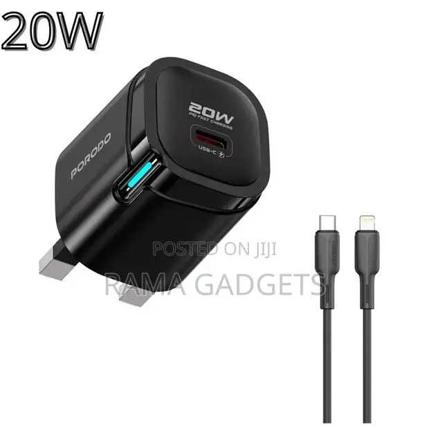 Porodo PD 20W Fast Charging Adapter with USB-C & Lightning Cable - 1