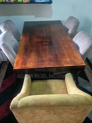 5 Seater Dining Set - Dark Wood with Grey & Mustard Chairs