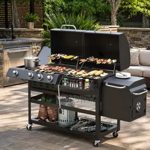 Four Burner Gas & Charcoal Grill with Side Smoker