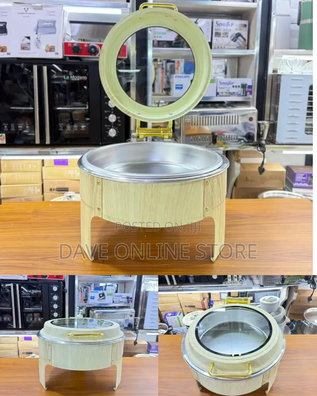 Round Wooden-Look Chafing Dish - 1