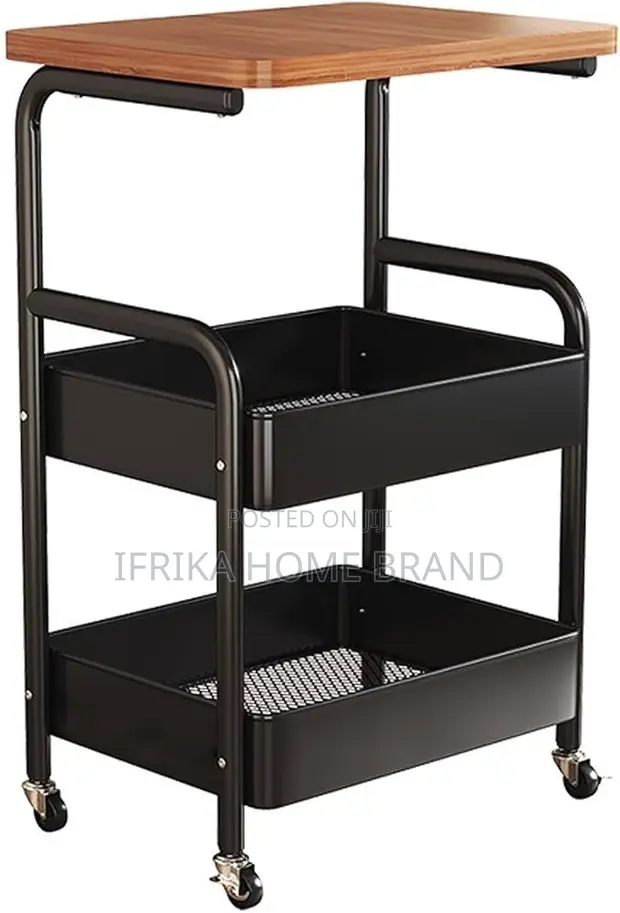 3-Tier Rolling Table Set with Wooden Top & Metal Mesh Baskets - 1