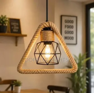 Industrial Geometric Cage Pendant Light with Hemp Rope