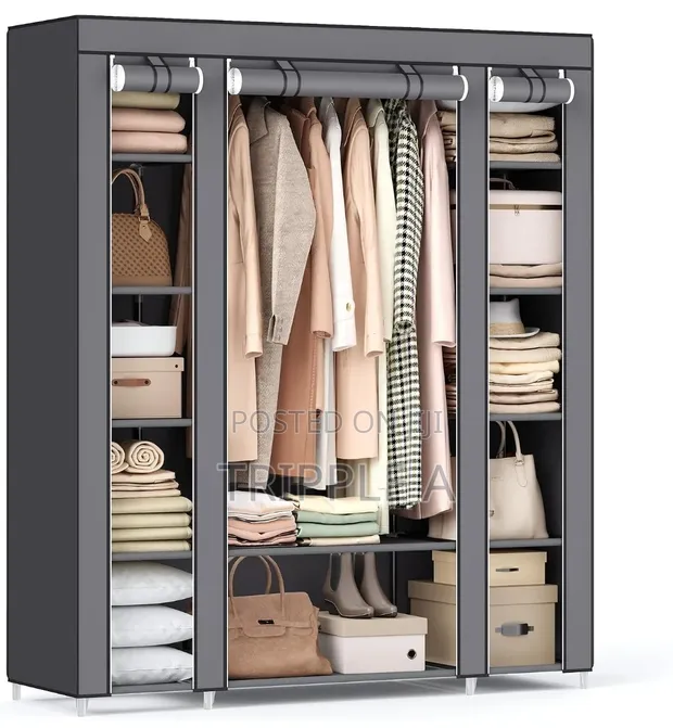 Grey Metal Frame Fabric Wardrobe - 1