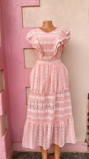 Elegant Dusty Pink Embroidered Lace Midi Dress with Ruffle Sleeves