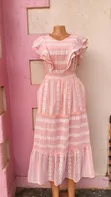 Elegant Dusty Pink Embroidered Lace Midi Dress with Ruffle Sleeves - 1