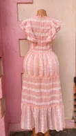 Elegant Dusty Pink Embroidered Lace Midi Dress with Ruffle Sleeves - 2