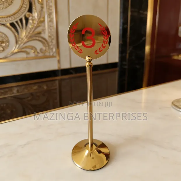 Gold Polished Stainless Steel Table Number Stand - 1