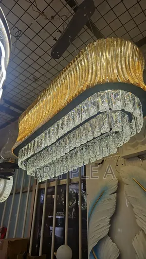 Oval Layered Crystal and Gold Chandelier
