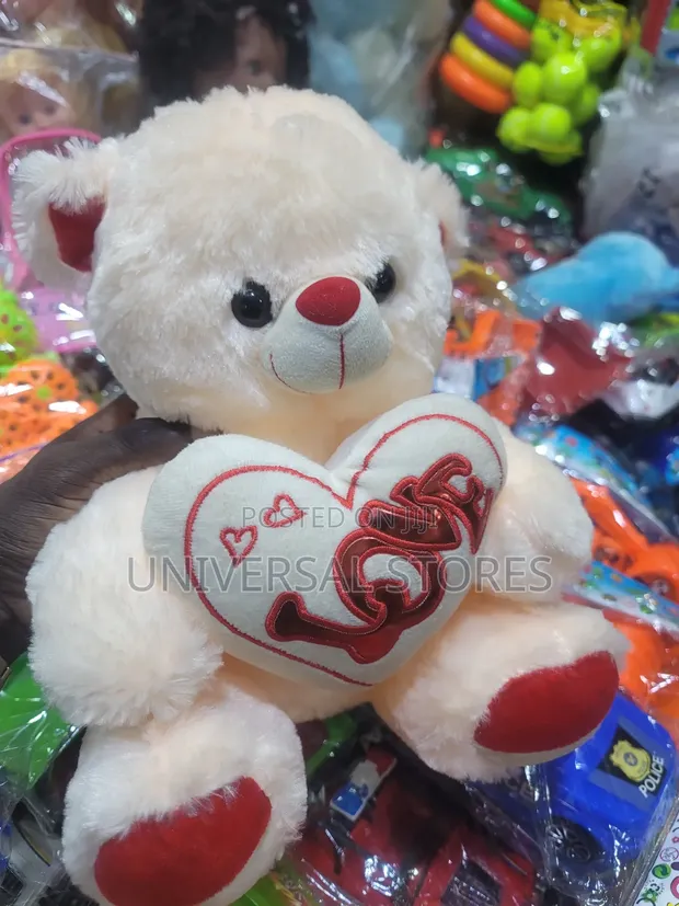 Cream Plush Teddy Bear with White Heart Pillow - 1