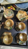 Japanese Used Brown and Green Glazed Ceramic Tea and Snack Set - 1
