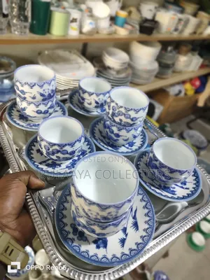 Vintage Japanese Blue & White Porcelain Teacups & Saucers