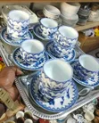Vintage Japanese Blue & White Porcelain Teacups & Saucers - 2