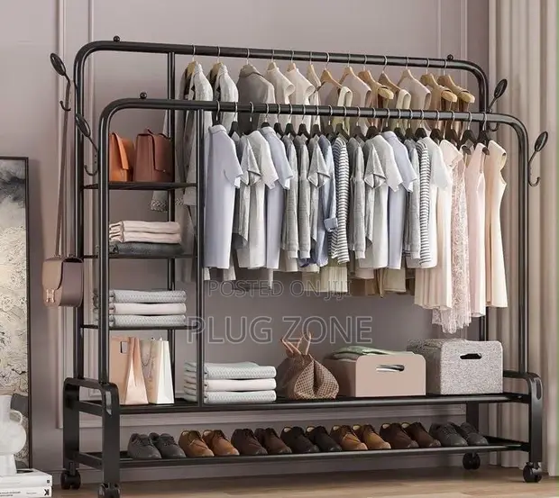 Brand New Double Pole Metal Garment Rack with Hooks - 1