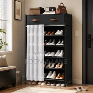 Modern Shoe Storage Rack with Drawers & Curtain