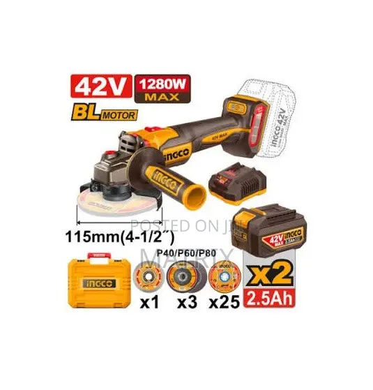 Ingco Cordless Angle Grinder Brushless 115mm, 2.0Ah Kit - 42V - 1