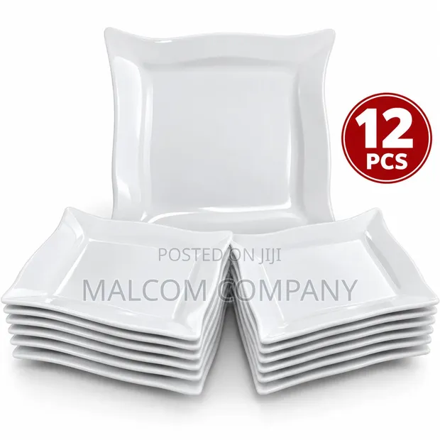 12-Piece White Square Ceramic Dinner Plates Set - 1