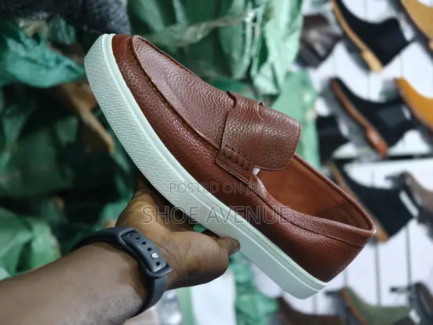 Men's Textured Leather Slip-On Loafers with White Sole - 1