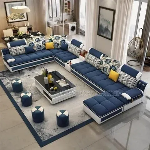 10 Seater Sofa Set with Center Table, Poufs & Pillows - 1