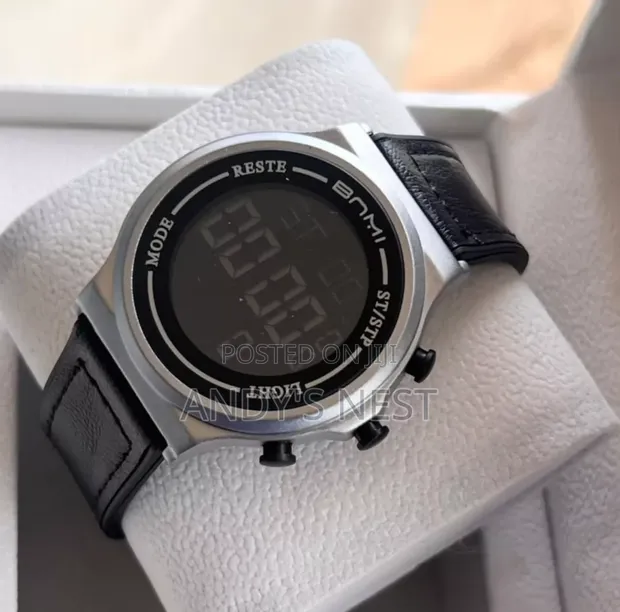 Black Leather Digital Watch - 1