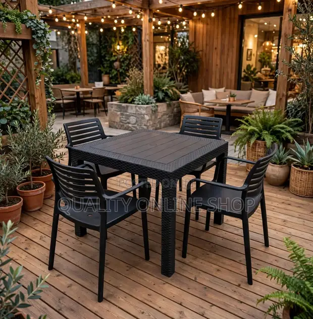 90x90cm Black Rattan Plastic Dining Table and Chairs Set - 1
